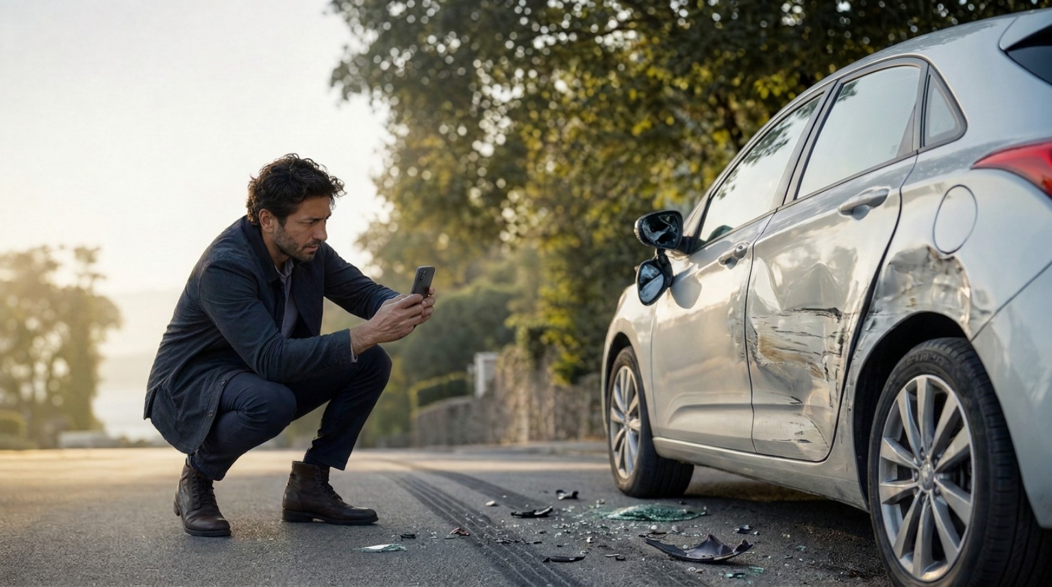 A person documenting vehicle damage with a smartphone